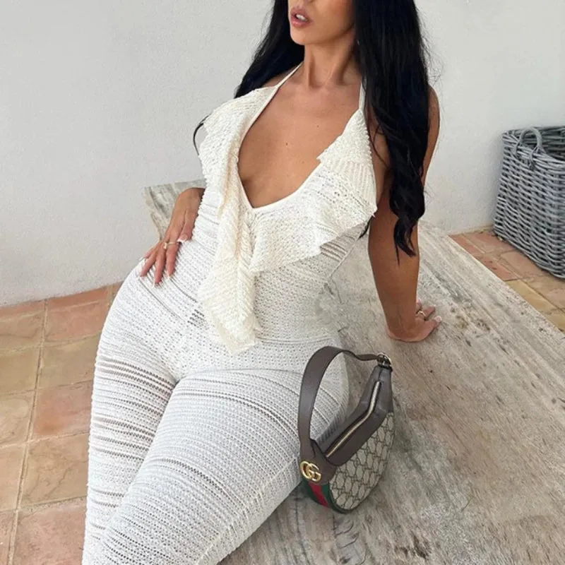 YESMYTOOL  -  2024 Halter Ruffles Low Neck Sexy Jumpsuit Pleated Skinny White Jumpsuit Women Rompers backless Night Going Out Club Lady Romper