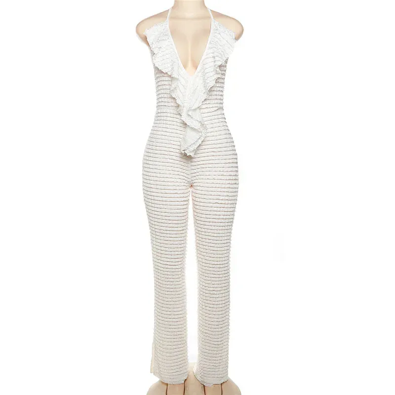YESMYTOOL  -  2024 Halter Ruffles Low Neck Sexy Jumpsuit Pleated Skinny White Jumpsuit Women Rompers backless Night Going Out Club Lady Romper