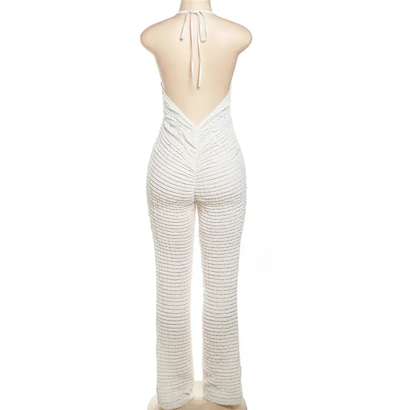 YESMYTOOL  -  2024 Halter Ruffles Low Neck Sexy Jumpsuit Pleated Skinny White Jumpsuit Women Rompers backless Night Going Out Club Lady Romper